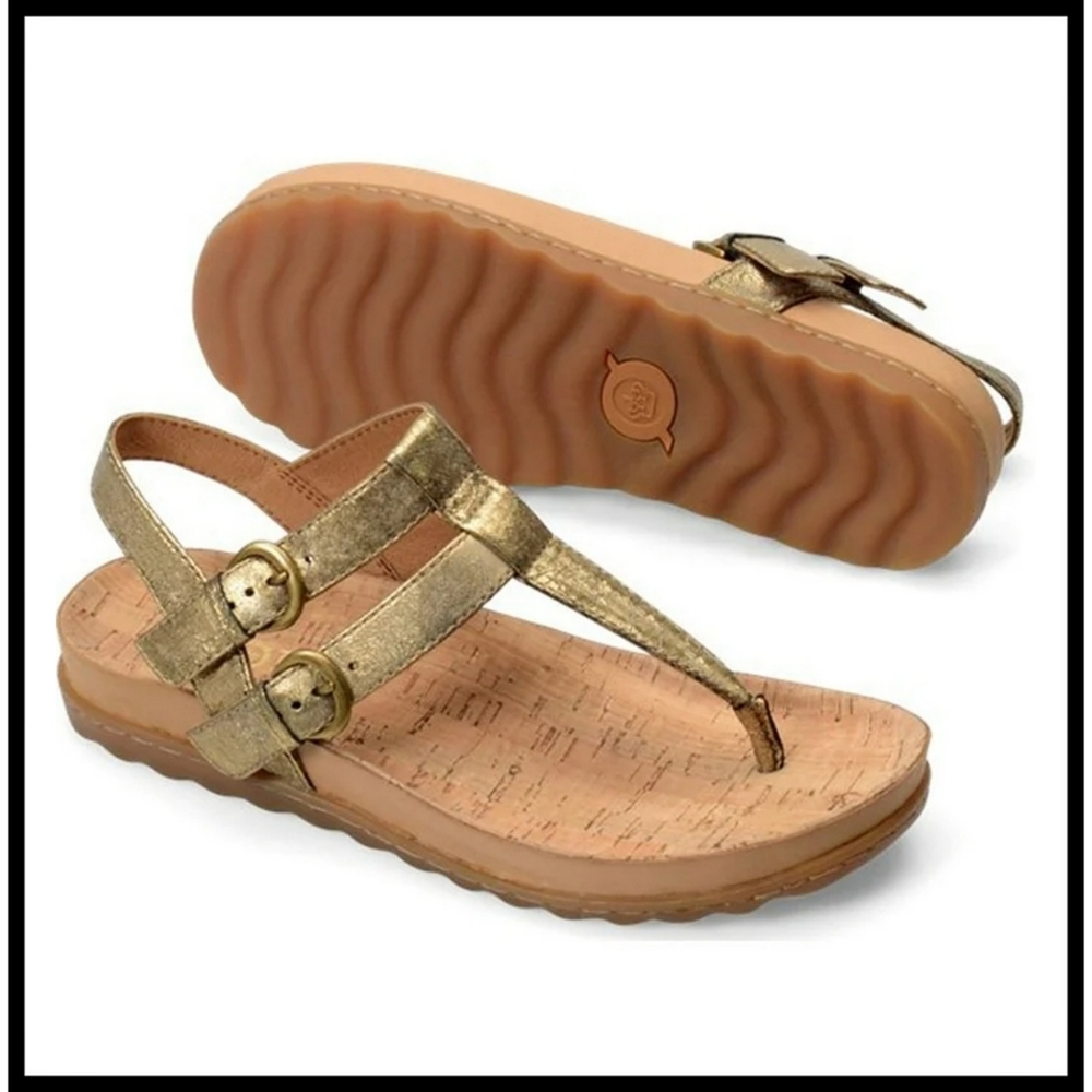 BORN Reta Leather Comfort T-strap Thong Sandals Double Buckle Gold Foil 8 - Picture 13 of 13